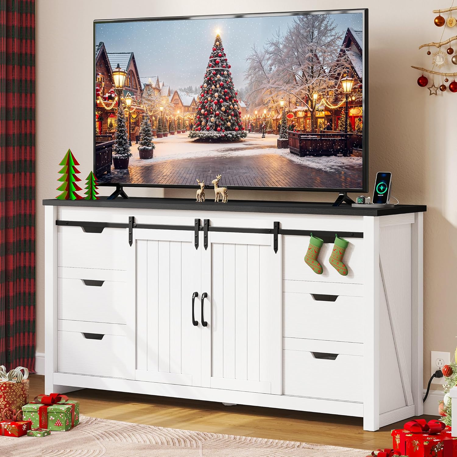 TV Stand for 65 Inch Television, Farmhouse TV Cabinet with Power Outlet & 6 Drawers, Rustic Entertainment Center TV Media Console Table with Storage and Sliding Barn Doors, White/Black, 59''