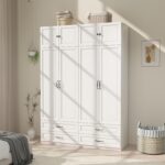 Armoire Wardrobe Closet with Doors: 89" Extra Tall White Wardrobe with Storage on Top, Bedroom Armoires with 4 Doors and 4 Drawers, Large Wood Closet Armoire for Hanging Clothes (B, 63")