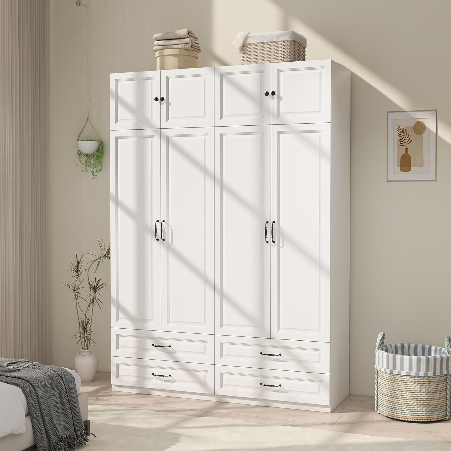 81Srq3LuFJL._AC_SL1500_.jpg Armoire Wardrobe Closet with Doors: 89" Extra Tall White Wardrobe with Storage on Top, Bedroom Armoires with 4 Doors and 4 Drawers, Large Wood Closet Armoire for Hanging Clothes (B, 63") - Image 1