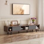 70 inch Mid Century Modern TV Stand for 75 inch TV, Low Profile TV Stand with Storage, Entertainment Center for Living Room, Cord Management, Walnut