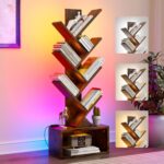 6 Tier Tree Bookshelf with Lights,  Book Tree Bookshelf with Storage Organizer, Small Corner Bookcase Floor Standing Book Shelf for Living Room, Bedroom & Home Office, Rustic Brown