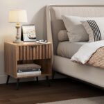 Nightstands, Walnut Fluted Night Stand, Mid Century Modern Nightstand, Bedside Table with Seamless Slatted Drawer, End Tables Bedroom with Metal Legs, Night Stand for Bedroom