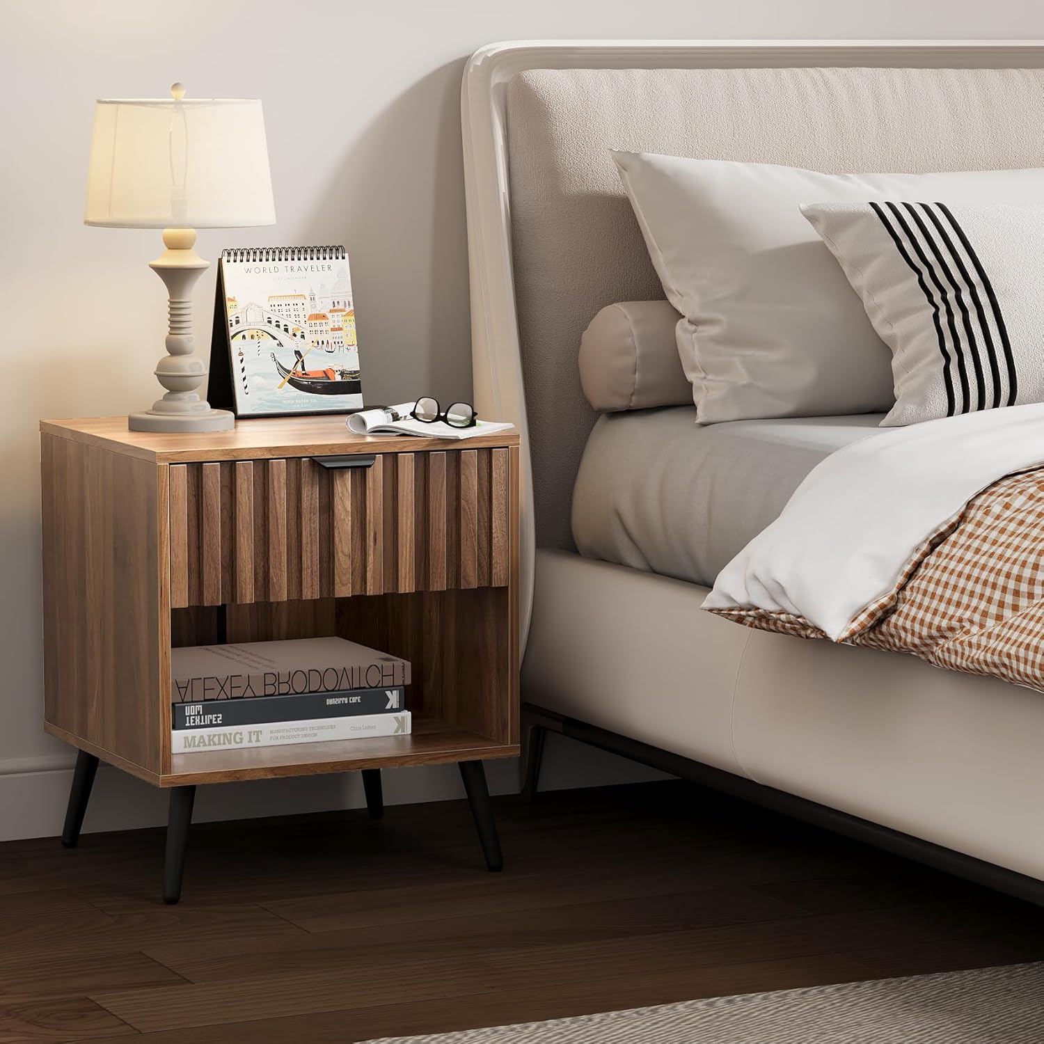 81YLU00fAWL._AC_SL1500_.jpg Nightstands, Walnut Fluted Night Stand, Mid Century Modern Nightstand, Bedside Table with Seamless Slatted Drawer, End Tables Bedroom with Metal Legs, Night Stand for Bedroom - Image 1