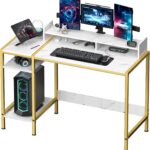 Gaming Desk with Monitor Stand, Storage and Marble Design - Adjustable Home Office Writing Desk