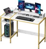 Gaming Desk with Monitor Stand, Storage and Marble Design - Adjustable Home Office Writing Desk
