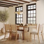 Modern Dining Set for 6, Wood Farmhouse Dining Table and 4 Upholstered Dining Chairs with Seagrass Back and Solid Wood Frame