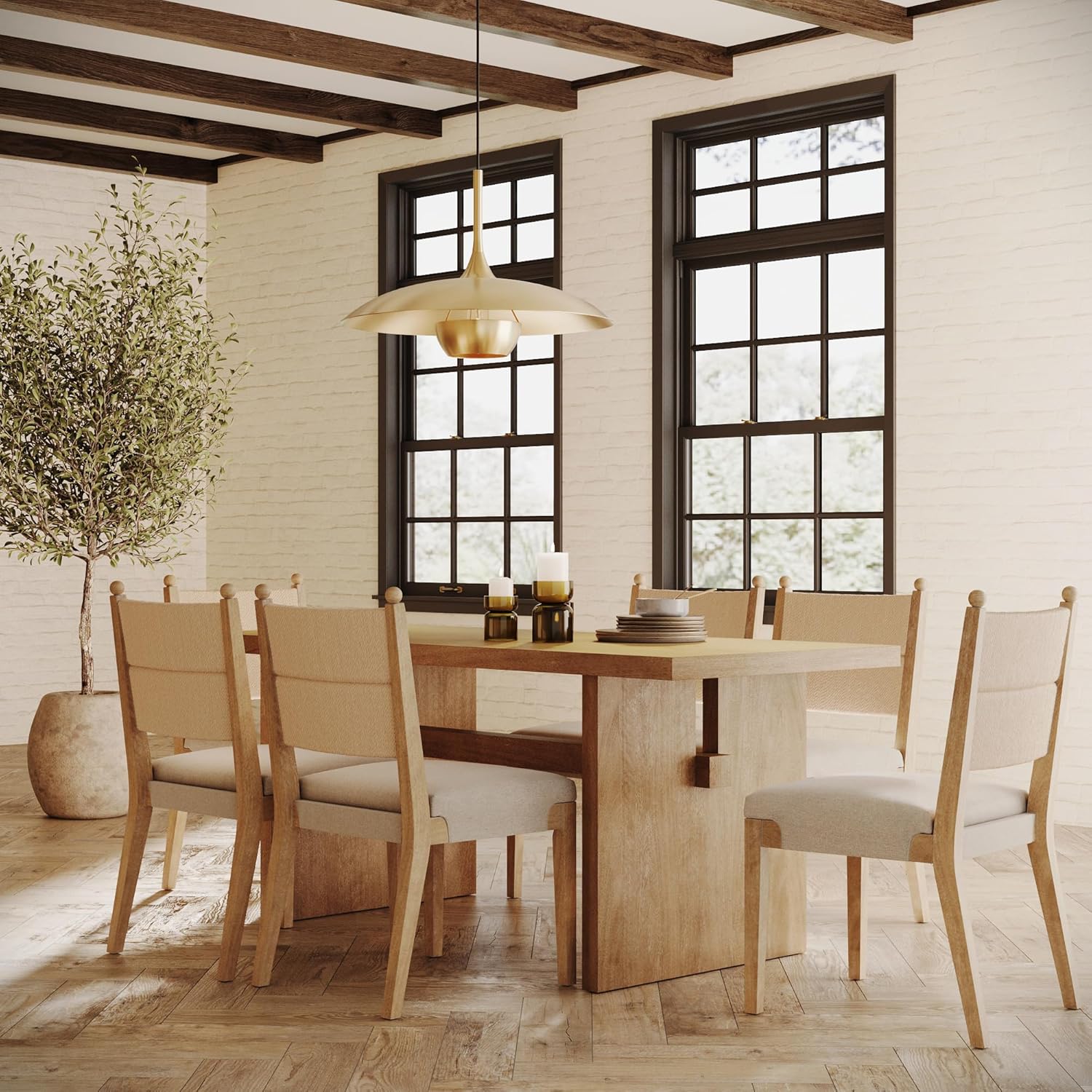 81eKNDqEowL._AC_SL1500_.jpg Modern Dining Set for 6, Wood Farmhouse Dining Table and 4 Upholstered Dining Chairs with Seagrass Back and Solid Wood Frame - Image 1