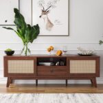 Rattan TV Stand for TVs Up to 70", Wood TV Stand Mid Century Modern TV Stand TV Media Console with Drawer and 2 Cabinets, Boho Entertainment Center for Living Room