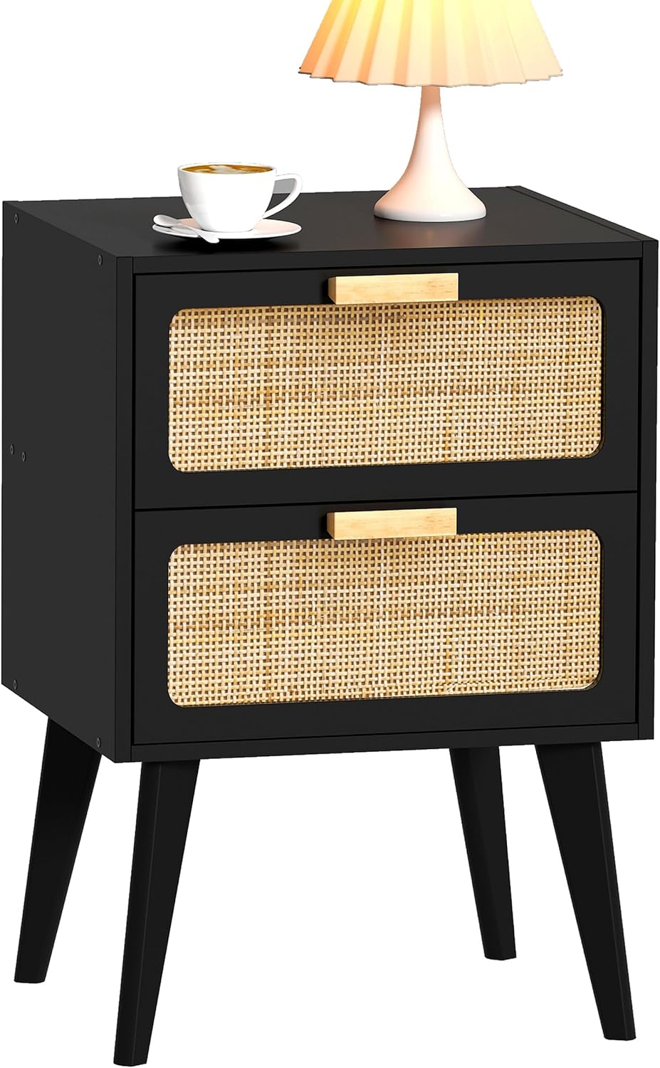 81nN1rhadL._AC_SL1500_.jpg Rattan Nightstand, Wood End Table, Side Table with 2 Hand Made Rattan Decorated Drawers,Boho Bedside Table,Wood Accent Table with Storage for Livingroom, Bedroom, Black - Image 1