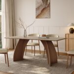 71" Sintered Stone Dining Table for 6, Rectangular Kitchen Table with Solid Wood Pedestal, Luxury Mid Century Modern Dinner Table for Dining Room