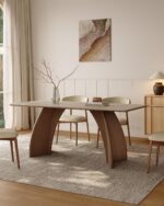 71" Sintered Stone Dining Table for 6, Rectangular Kitchen Table with Solid Wood Pedestal, Luxury Mid Century Modern Dinner Table for Dining Room