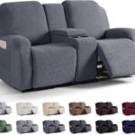 Loveseat Recliner Covers with Middle Console Slipcover, Recliner Sofa Covers 2 Seat Couch Cover Stripe Jacquard Furniture Protector Covers with Elastic Bottom for Kids, Pets (Dark Gray)
