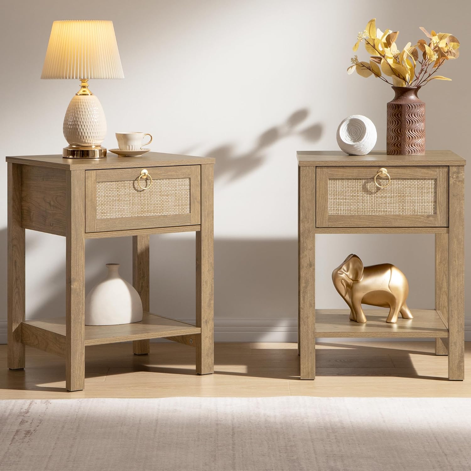 81vC-g3edZL._AC_SL1500_.jpg Nightstand Set of 2 - Rattan Decor Drawer with Brass Knobs Night Stand Bedside Table Boho End Tables Side Tables with Storage Shelf for Bedroom, Small Space - Image 1