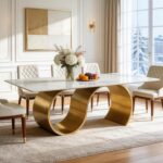 79" Sintered Stone Dining Table for 6-8, Luxury Rectangular Kitchen Table with Stainless Steel Base, Large Stone Dining Room Table for Living Room, White and Gold