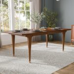 Mid-Century Modern 82-inch Wood Rectangle Dining Table with Soft Round Edge Top and Gold-Capped Legs, Easy Assembly for Home, Kitchen and Living Room, Walnut