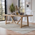 Farmhouse 84-Inch Rectangle Solid Wood Dining Table with Plank and Beam Base, , Seats Up to 8, for Kitchen, Home Office, Natural Oak