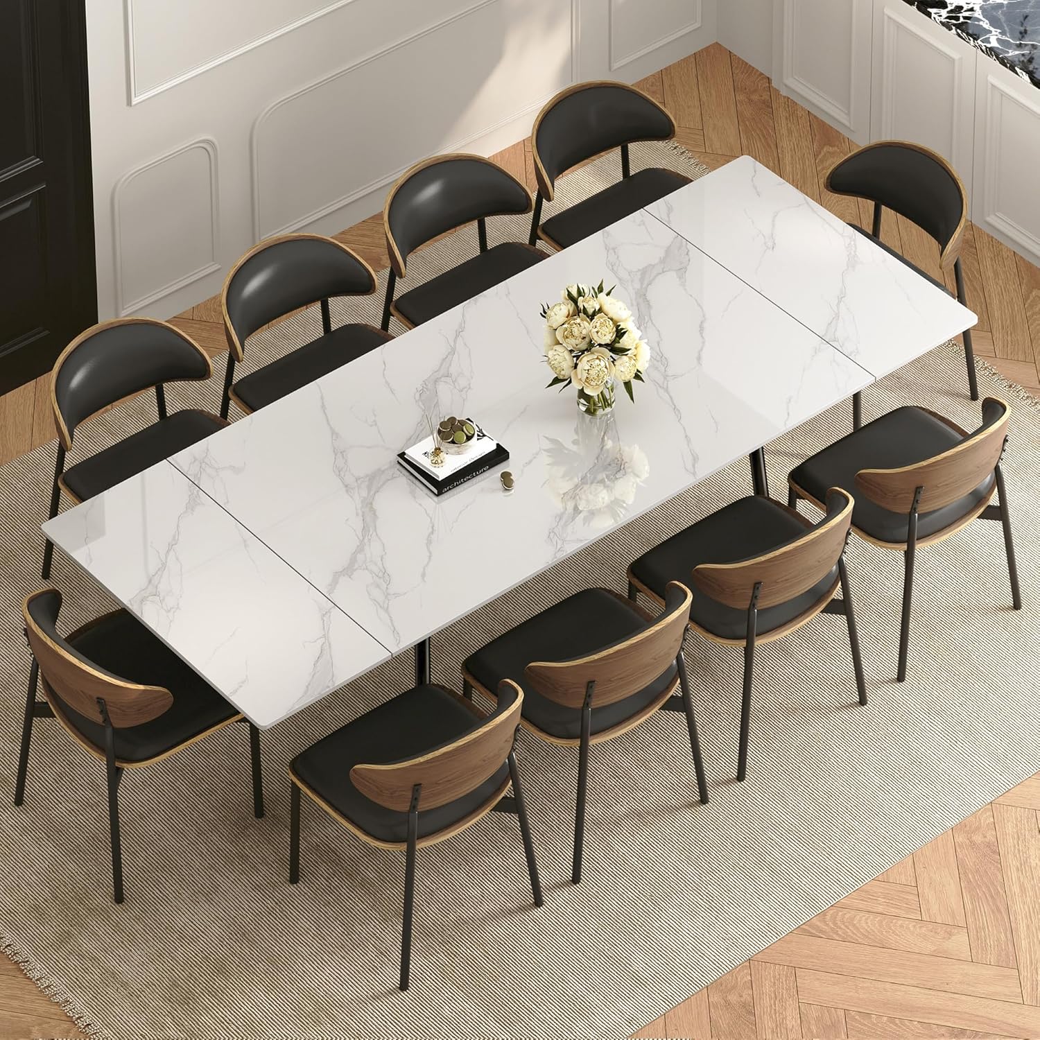 91ca03CWpfL._AC_SL1500_.jpg 62.9"-94.4" Modern Extendable Dining Table for 6 to 10 Seats, Rectangular Sintered Stone Table with High Hardness and Easy Maintenance for Dining Room Family Gathering, White Top - Image 1