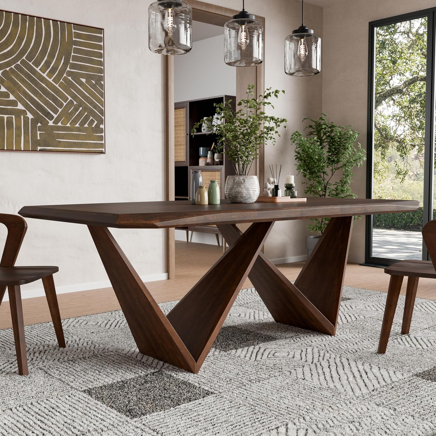 91xxCtqZAIL._AC_SL1500_.jpg 82.5" Mid-Century Modern Solid Wood Dining Table with Steel Support, Walnut Finish, Seats 6–8 - Image 1